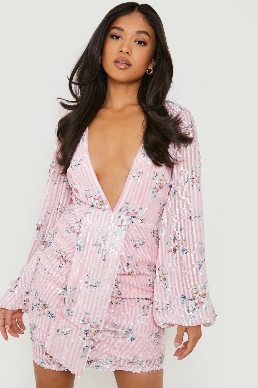 Pale pink Petite Floral Sequin Puff Sleeve Mini Dress 